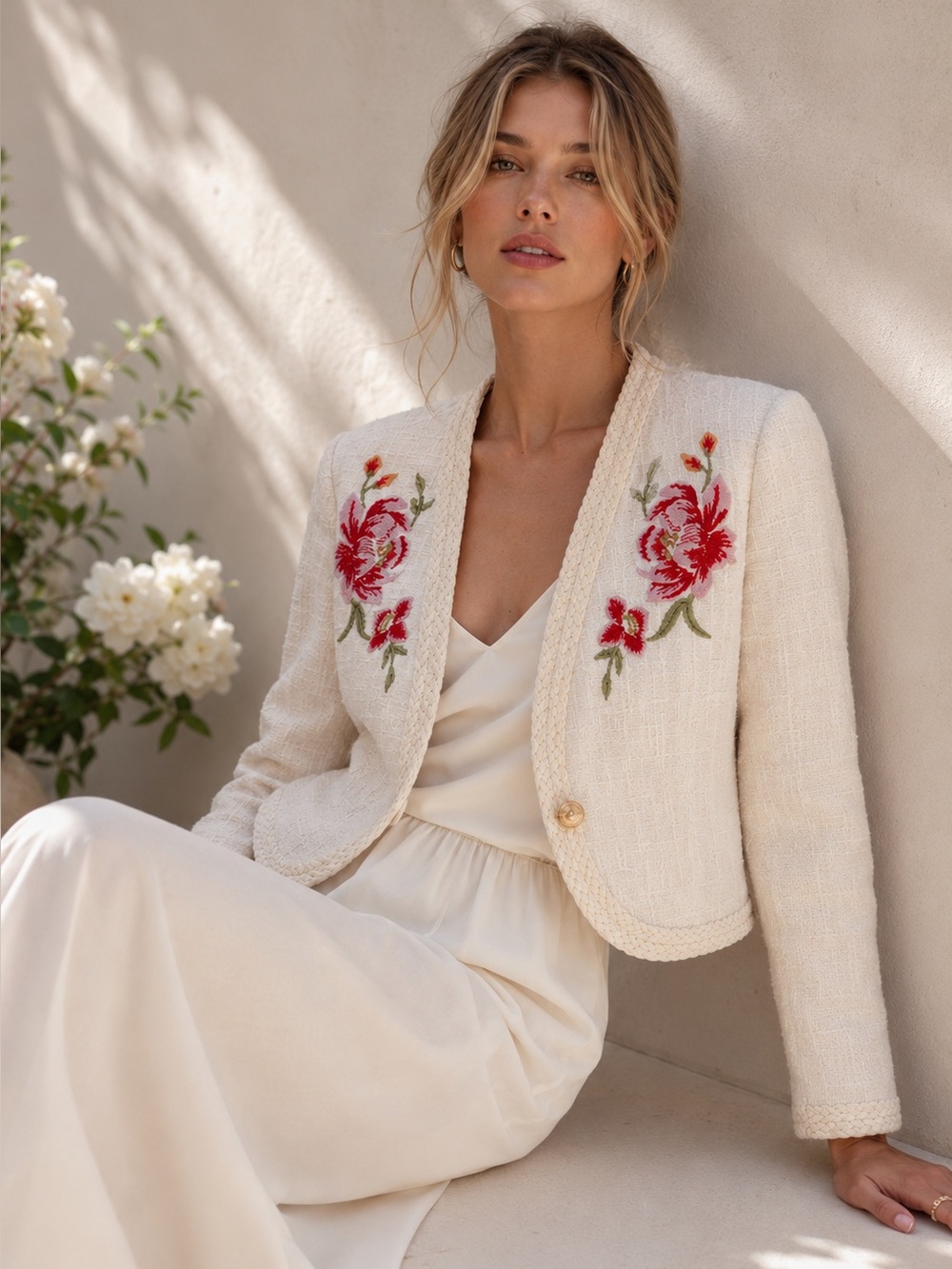 Derek Lam 10 Crosby Floral Embroidered Tweed Jacket Ivory 4 NWT